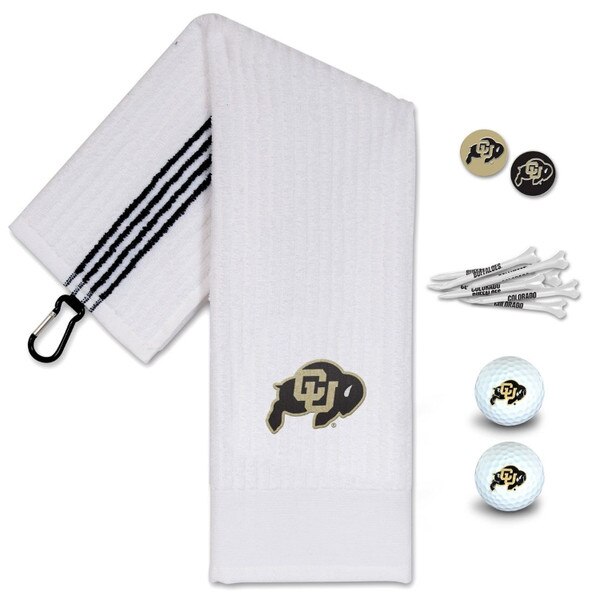 Golf set. Includes white towel, two markers, two golf balls, and tees.