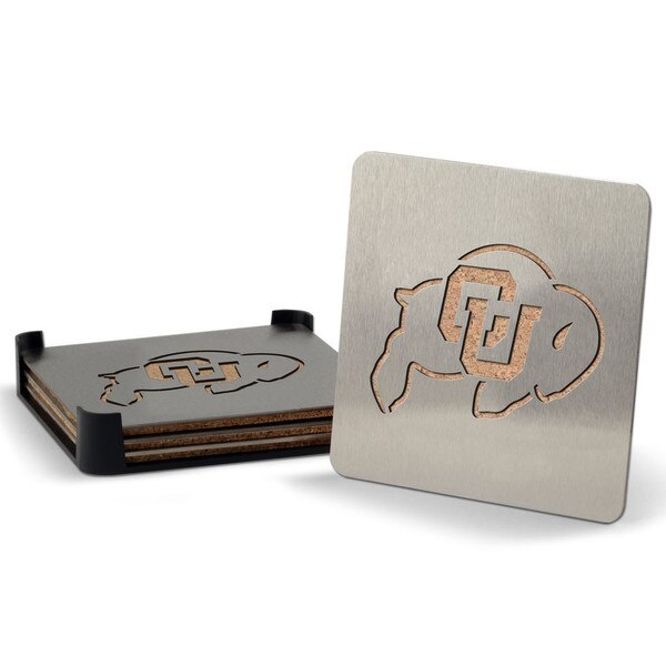 University of Colorado stainless steel and cork coaster set with cutout CU Buffs logo