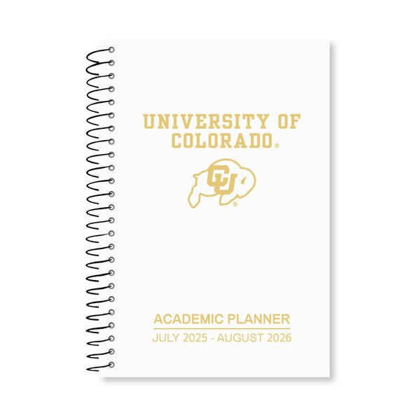 This is a white planner, the bold block text on the front is reflective gold. The C.U. buffalo logo is the same reflective gold. The spiral is black metal.