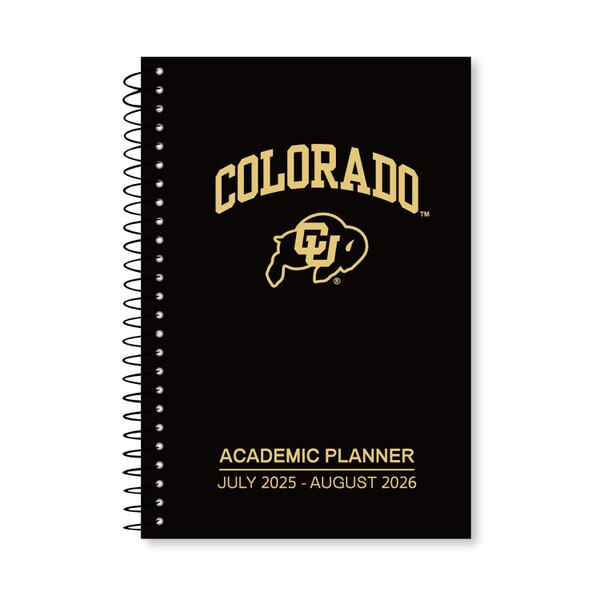 This is a black planner, the bold block text on the front is reflective gold. The C.U. buffalo logo is the same reflective gold. The spiral is black metal.