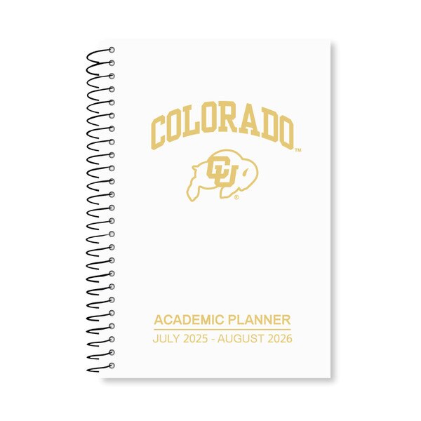 This is a white planner, the bold block text on the front is reflective gold. The C.U. buffalo logo is the same reflective gold. The spiral is black metal.