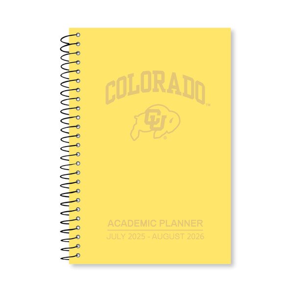 This is a gold colored planner, the bold block text on the front is reflective gold. The C.U. buffalo logo is the same reflective gold. The spiral is black metal.