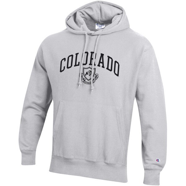 Silver grey hoodie with arched “Colorado” text and CU Buffaloes crest graphic on chest, front pouch pocket, and Champion logo on sleeve.