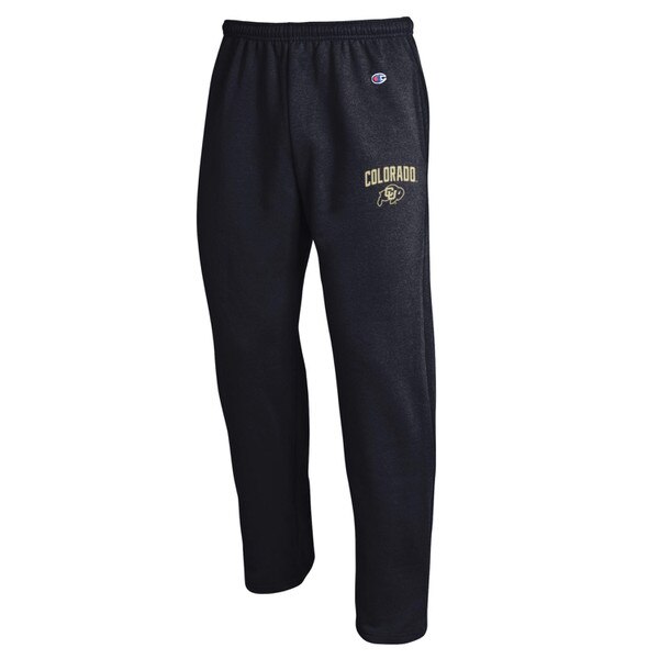 Black Champion sweatpants with gold “Colorado” text and CU Buffaloes logo on left leg.