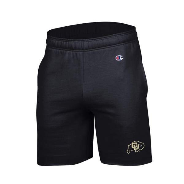 Black CU Buffaloes shorts with gold logo on left leg and embroidered Champion logo on left hip.
