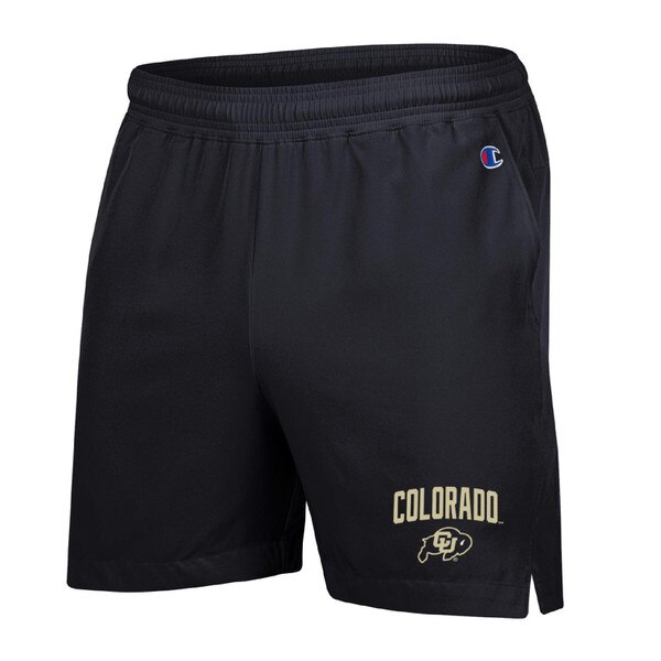 Front view of black athletic shorts featuring the word "Colorado" and CU Buffaloes logo on the left leg, with a Champion logo on the right hip.