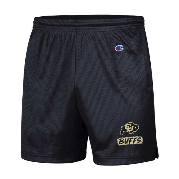 Black Champion mesh shorts with CU Buffaloes logo and gold “Buffs” text on left leg.