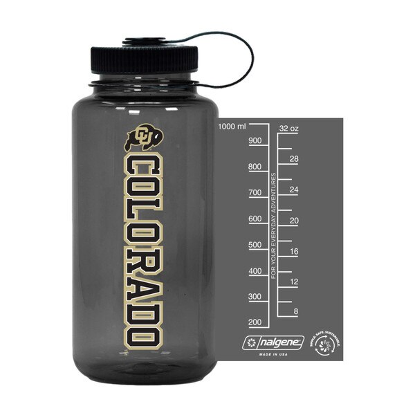 Smoke gray Nalgene water bottle featuring vertical Colorado text and CU Buffalo logo, 32oz capacity with measurement markings on the side