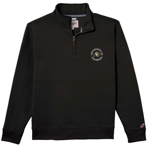 Black quarter-zip pullover with small “University of Colorado” text encircling the CU Buffaloes logo on the left chest.
