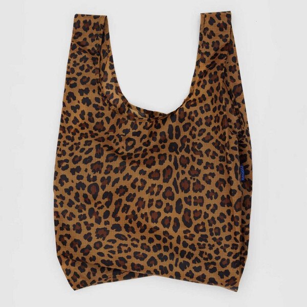 Brown reusable BAGGU bag with allover black and dark brown leopard print and blue logo tag