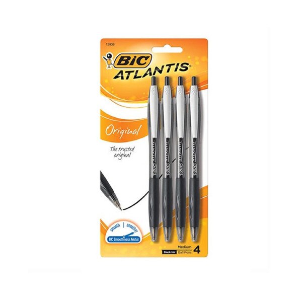 Package of four BIC Atlantis Original medium ballpoint pens with black ink, featuring a sleek silver and black barrel design.