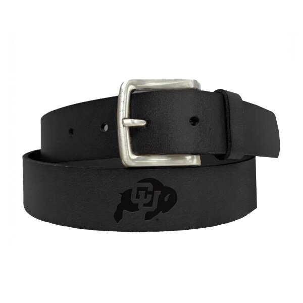 black leather belt with silver square buckle. Embedded black CU Ralphie logo in the center