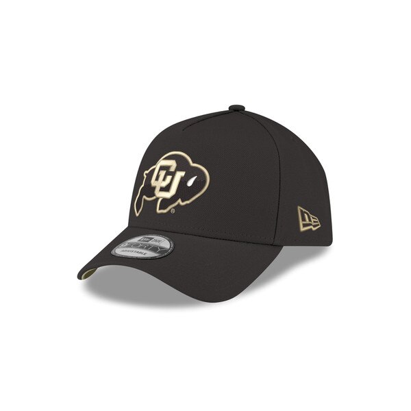 Angled front view of black CU Buffaloes New Era hat with large embroidered buffalo logo on front panel and gold New Era logo on side