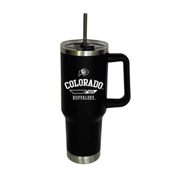 Black travel tumbler with handle, stainless steel base, and white “Colorado Buffaloes 1876” graphic with CU Buffaloes logo and straw lid.