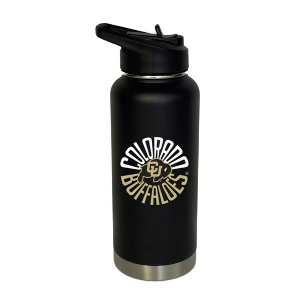 Black water bottle with stainless steel base and “Colorado Buffaloes” text encircling the CU Buffaloes logo in white and gold.