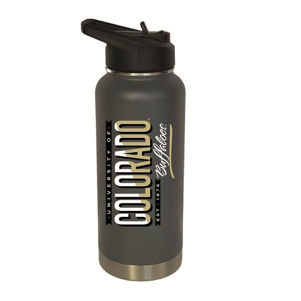 Charcoal water bottle with stainless steel base and vertical “University of Colorado Buffaloes” graphic in black, gold, and white.
