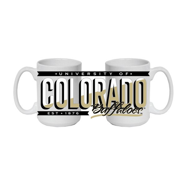White ceramic mug with wraparound “University of Colorado Buffaloes” text in black and gold