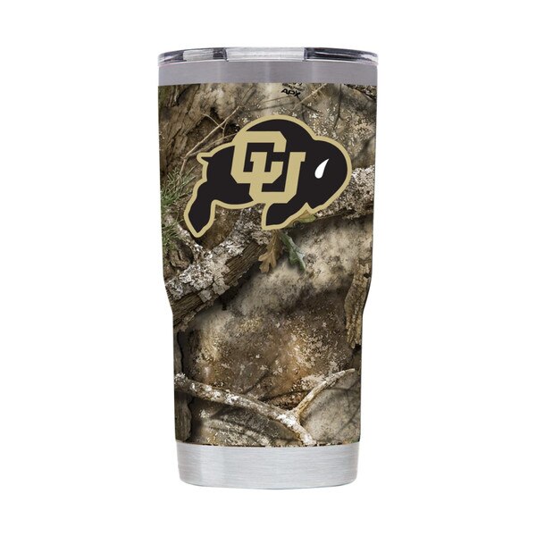 Camo-patterned tumbler with stainless steel rim and large CU Buffaloes logo centered on the front.