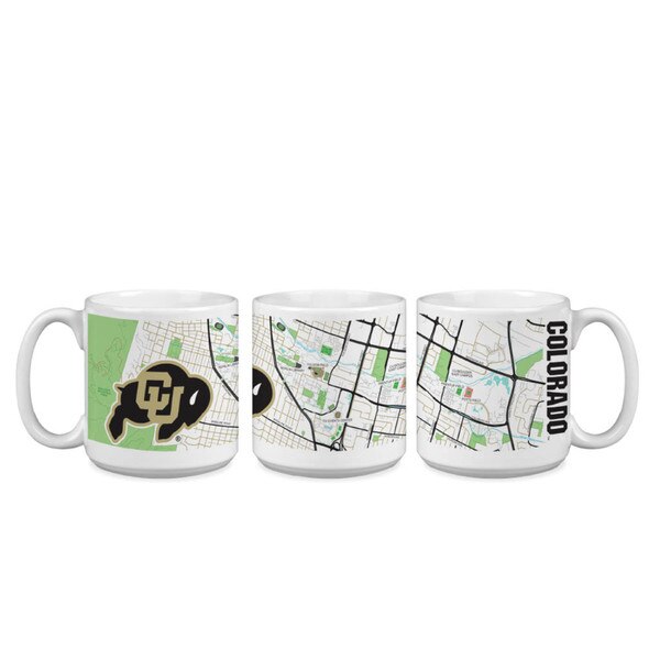 White 20 oz. ceramic mug featuring CU Buffaloes logo and wraparound CU Boulder campus map with green and black details