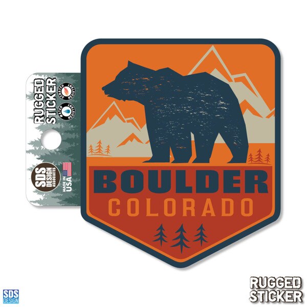 Boulder Colorado sticker with distressed bear graphic and mountain background in orange and navy