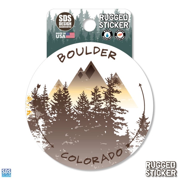 Boulder Colorado circular sticker with forest and mountain silhouette in warm brown tones