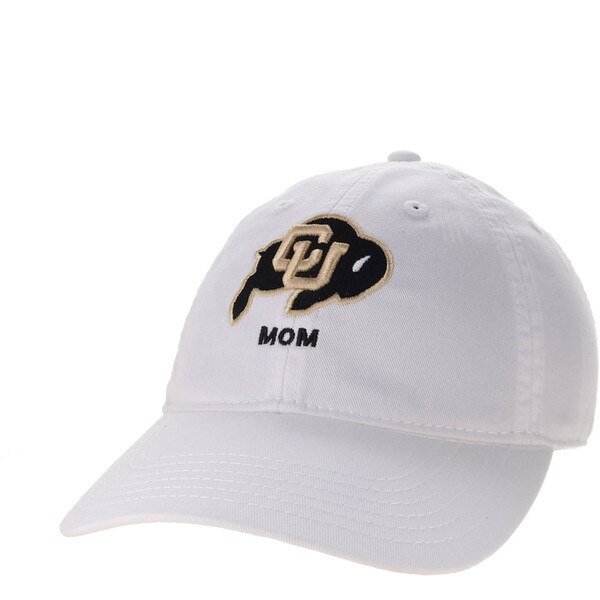 White baseball hat with embroidered CU Buffaloes logo and black “MOM” text underneath.