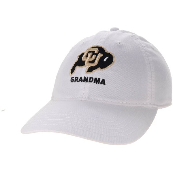 White baseball hat with embroidered CU Buffaloes logo and black “GRANDMA” text underneath.