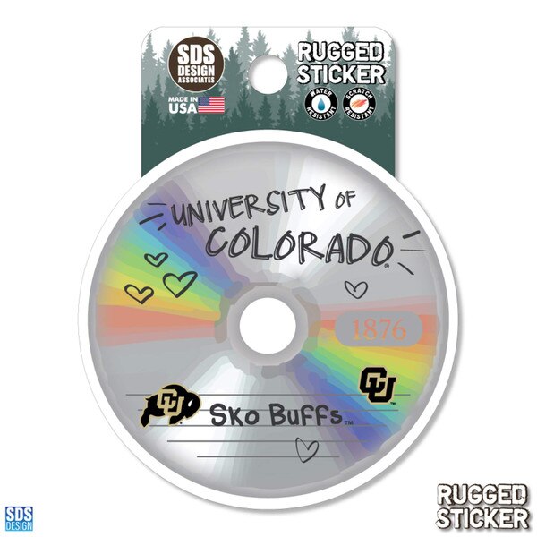 Rugged sticker designed like a reflective CD with rainbow accents, featuring “University of Colorado,” “Sko Buffs,” CU Buffaloes logos, hearts, and “1876.”