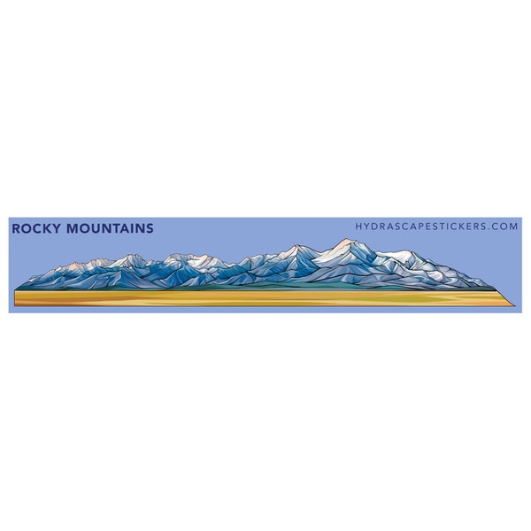 Illustrated panoramic sticker of the Rocky Mountains with snow-capped peaks and a blue sky, labeled “ROCKY MOUNTAINS.”