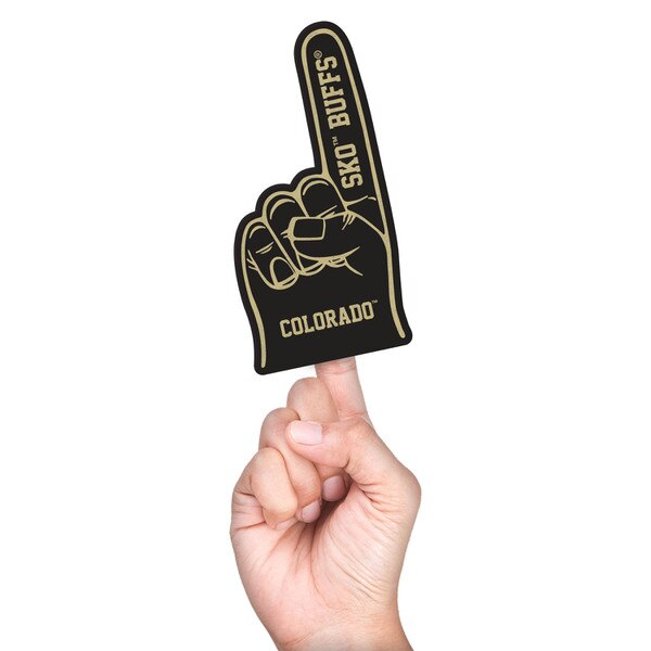 Mini black foam finger reading “SKO BUFFS” on the raised finger and “COLORADO” on the palm, held upright on a person’s index finger.