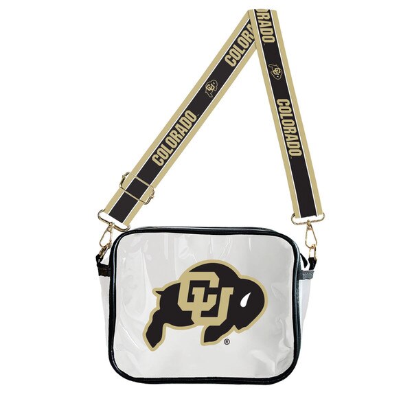 Clear crossbody bag with black trim, large CU Buffaloes logo on front, and wide adjustable strap featuring repeating “COLORADO” text and logos.