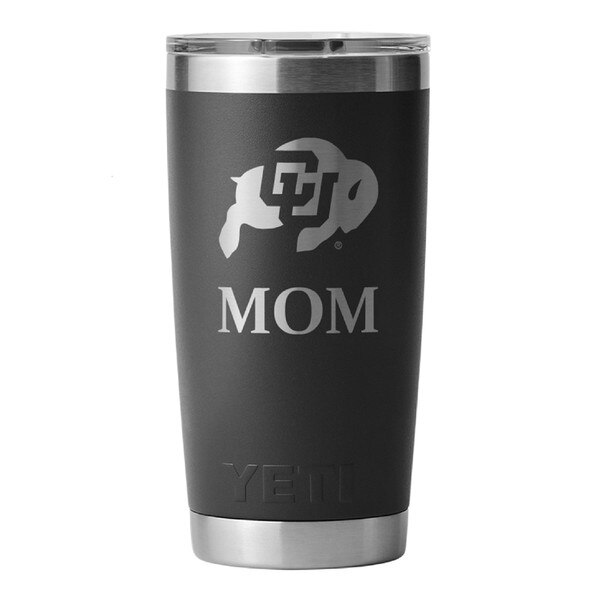 Black YETI tumbler with CU Buffaloes logo and “MOM” engraving, featuring a stainless steel lid and base.
