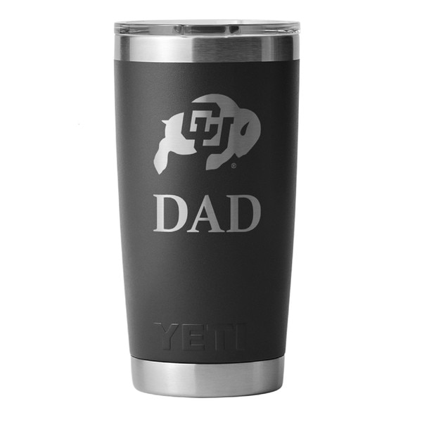 Black YETI tumbler with CU Buffaloes logo and “Dad” engraving, featuring a stainless steel lid and base.