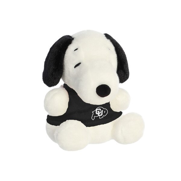 Plush Snoopy toy wearing a black shirt featuring the CU Buffaloes logo in white.