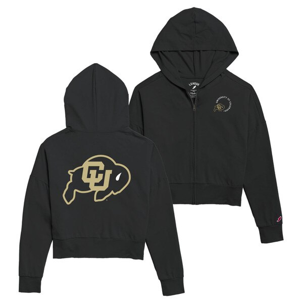 Front and back view of black CU Boulder cropped zip hoodie with large printed gold buffalo logo on back, smaller printed logo on front, full zip closure, and attached hood.