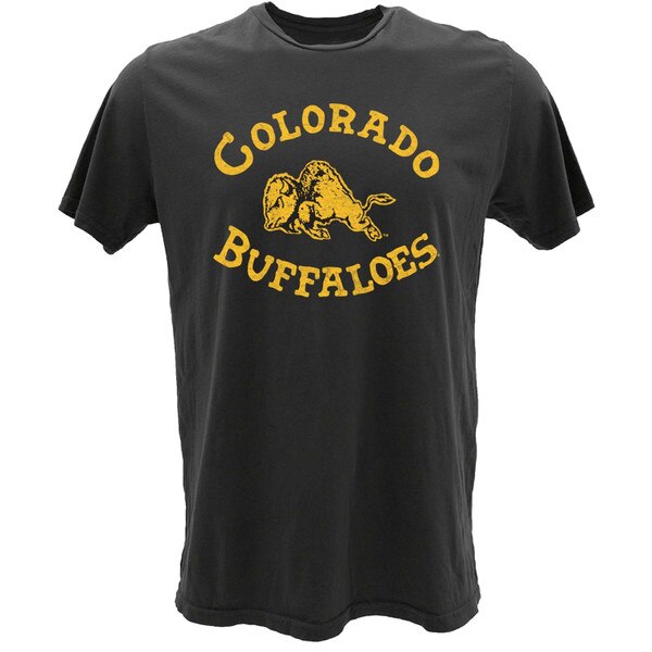 Black CU Boulder t-shirt with yellow “Colorado Buffaloes” text and a vintage-style Ralphie buffalo graphic centered on the front, displayed flat.