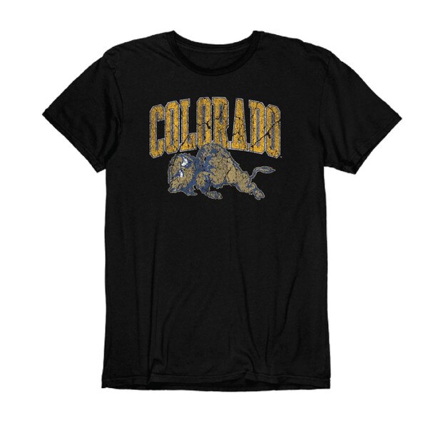 Black CU Boulder T-shirt with distressed gold “Colorado” text and Buffalo graphic across the chest, short sleeves and crew neck design