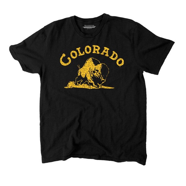 CU Boulder black T-shirt with vintage gold Colorado buffalo graphic