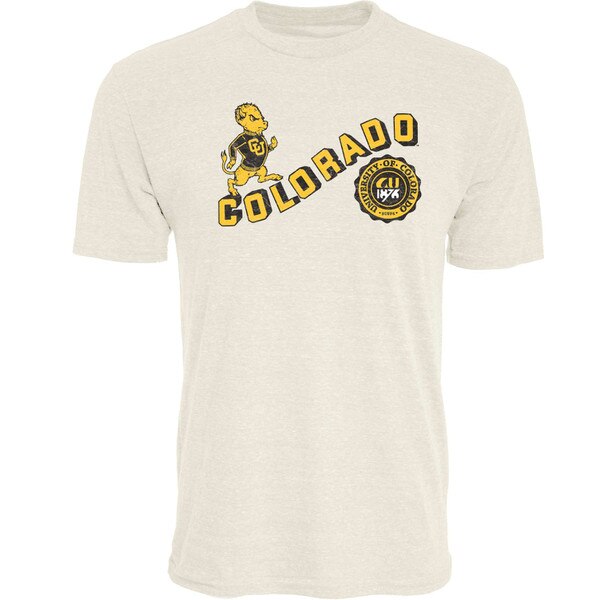 Oatmeal CU Boulder T-shirt with retro Buffalo mascot and classic Colorado lettering, short sleeves and crew neck design