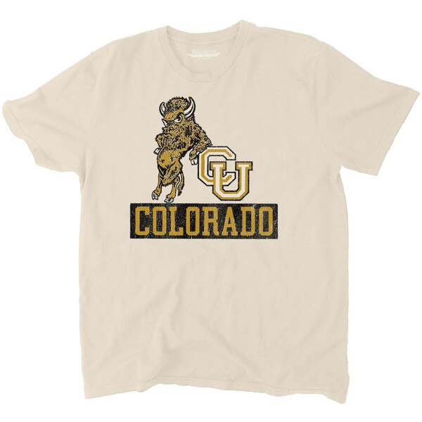 Cream-colored short-sleeve t-shirt featuring a vintage-style Colorado Buffalo graphic next to interlocking CU letters and the word "Colorado" in bold black and gold below.
