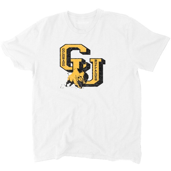 White CU Boulder t-shirt with large yellow and black “CU” graphic and vintage buffalo logo in the center.