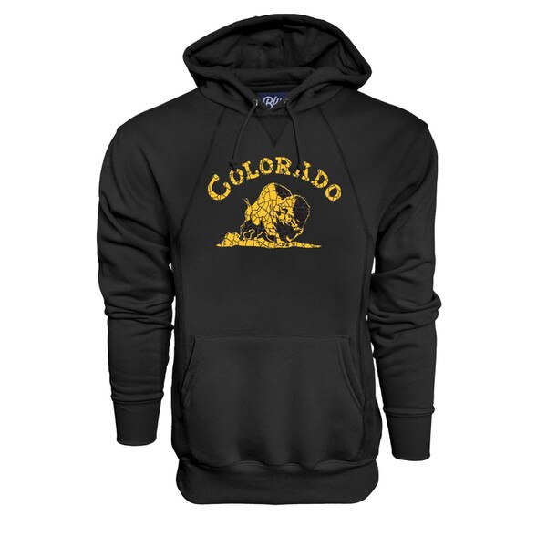 CU Boulder black hooded sweatshirt with vintage gold Colorado buffalo graphic