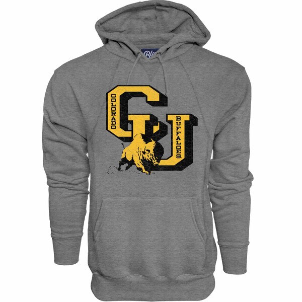 Heather gray pullover hoodie with bold yellow and black vintage-style “CU” graphic, running buffalo illustration, and “Colorado Buffaloes” text inside letters.