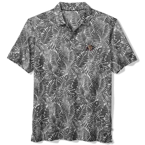 CU Boulder black and gray leaf-pattern short-sleeve polo shirt with embroidered buffalo logo on chest