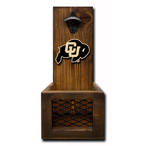 Metal CU Boulder bottle opener with engraved logo and built-in cap-catching basket, officially licensed fan accessory