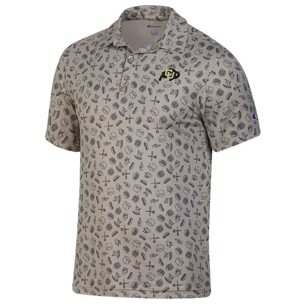 Beige all-over print polo shirt with CU Buffaloes logo on left chest, black Buff-themed icons throughout, and Champion logo on left sleeve.