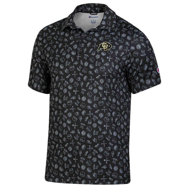 Black all-over print polo shirt with CU Buffaloes logo on left chest, subtle Buff-themed icons throughout, and Champion logo on left sleeve.