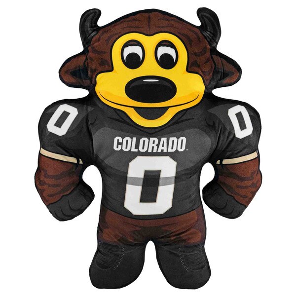 CU Buffaloes plush toy mascot in black football uniform with number 0
