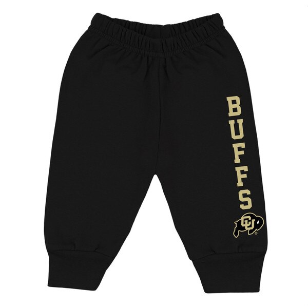 Black CU Boulder infant joggers with vertical gold “BUFFS” text and buffalo logo on left leg, elastic waistband, and ribbed cuffs.