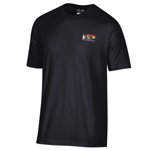 Black short-sleeve t-shirt featuring a small CU Buffaloes logo inside a rainbow pride flag design on the left chest.